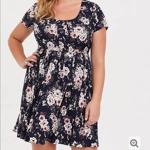 Torrid Navy Floral Pintuck Challis Skater Dress